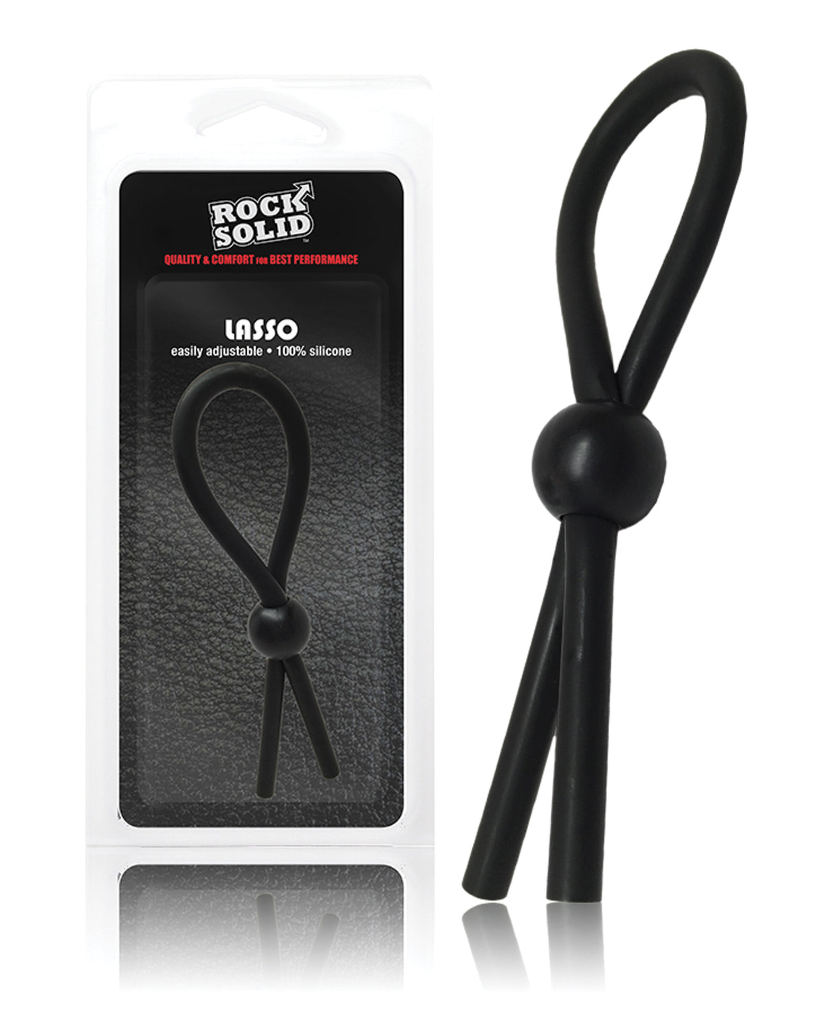 Rock Solid Lasso in black silicone: one loop of cord with a single round sliding bead, beside its package