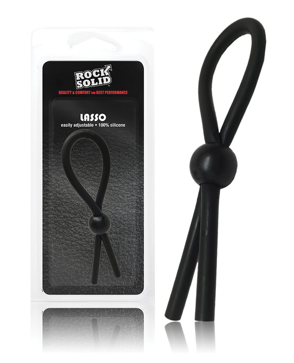Rock Solid Lasso in black silicone: one loop of cord with a single round sliding bead, beside its package