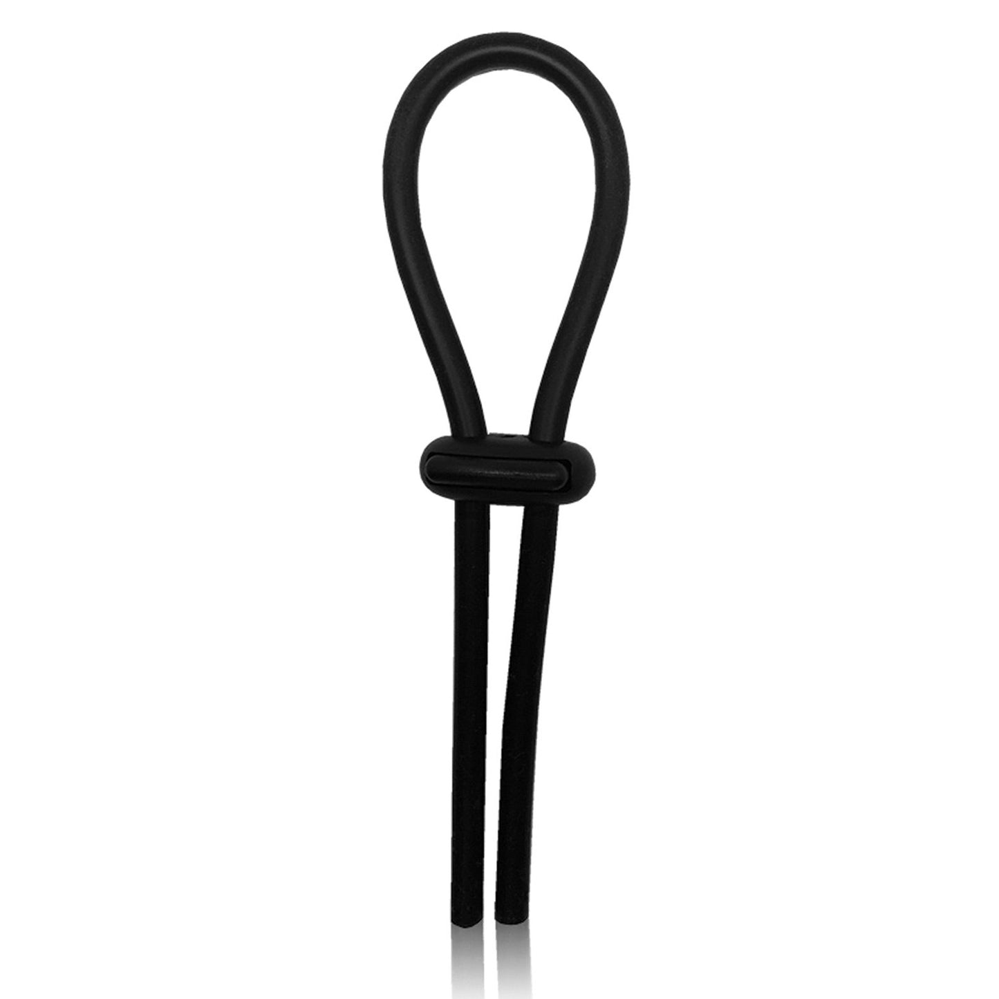 The Rock Solid Lasso Single Adjustable Lock by Rock Solid is a black silicone hair tool, featuring a loop and two parallel stems for styling. Its adjustable C-ring makes it perfect for creating numerous hairstyles by threading hair through the loop.