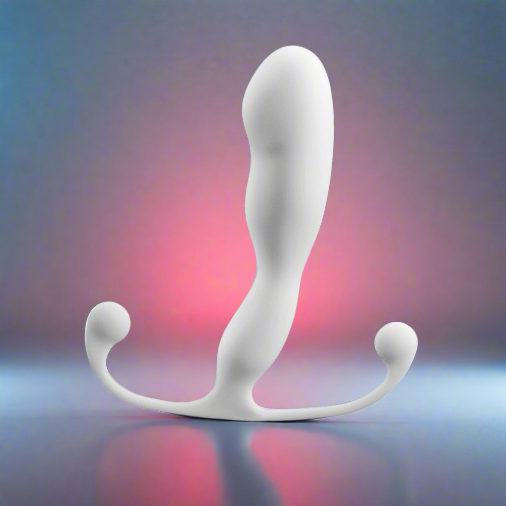 The Aneros Trident Series Prostate Stimulator - Helix is a white, curved device with round ends, set against a blurred pink and blue gradient background. Its ergonomic design is crafted from FDA-approved materials.