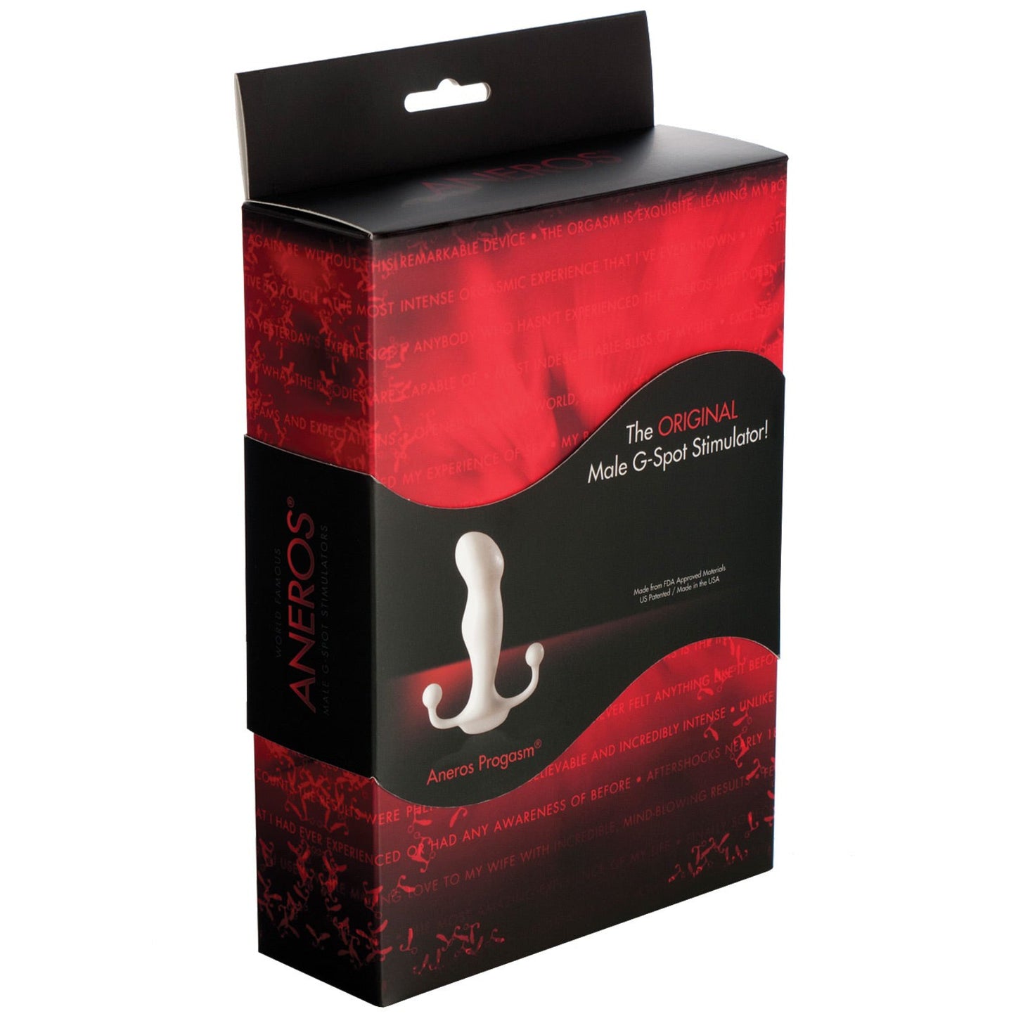 The Aneros Male Prostate Stimulator - Progasms black and red box elegantly displays its silhouette with the text The ORIGINAL Male G-Spot Stimulator, underscoring its excellence in prostate massage.