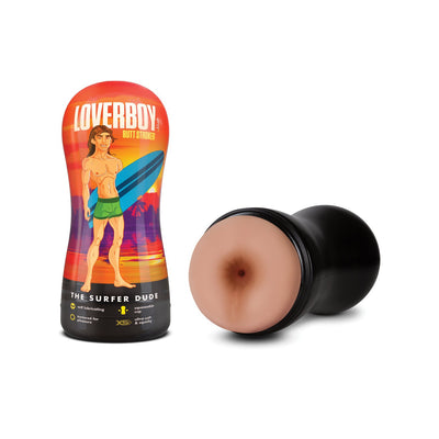Blush Surfer Dude butt stroker, a black squeezable cup with a beige lifelike ass entrance, beside its sunset-orange Loverboy package showing a cartoon surfer.