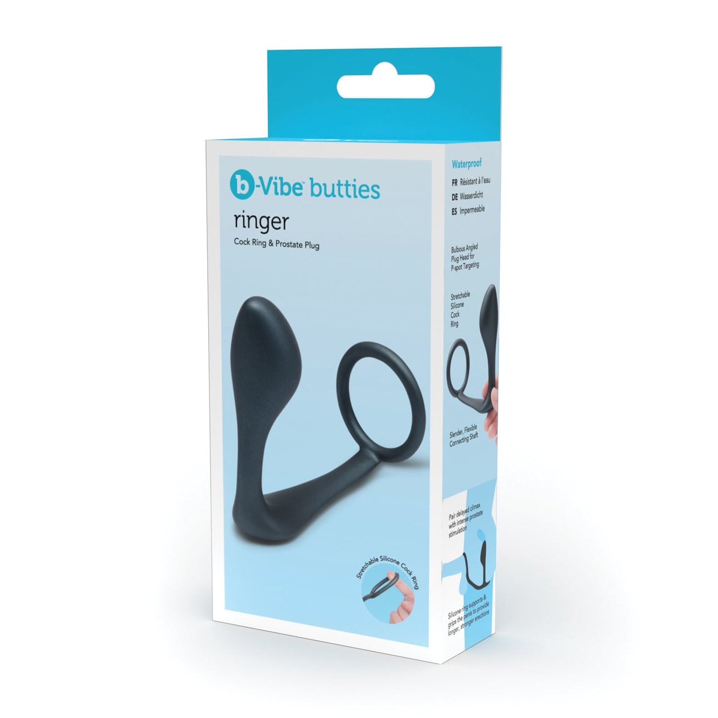 The b-Vibe Butties Ringer Cock Ring & Prostate Plug packaging prominently shows the b-vibe butties ringer label and features an image of a sleek black cock ring and prostate plug combo, emphasizing its waterproof and body-safe silicone design.