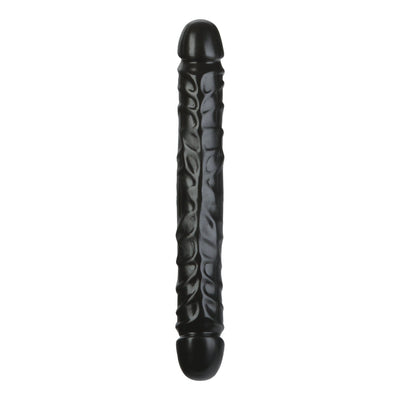 Doc Johnson Jr. Double Header double ended dildo in black, 12 inches long with a realistic head at each end and a veined shaft.