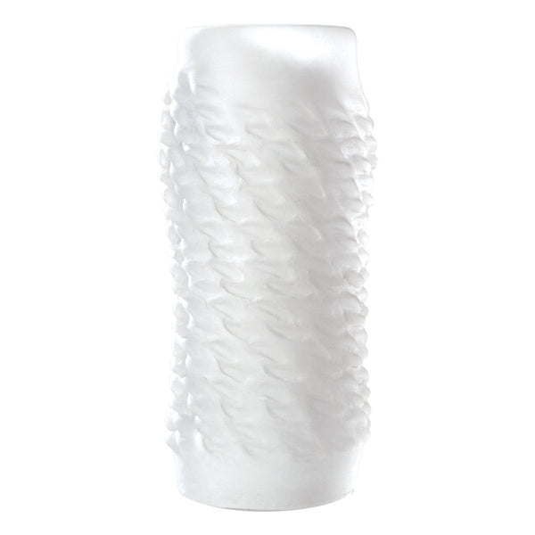 OptiMale 2-Way Stroker Link, a frosted clear reversible open-ended stroker, shown with its raised link texture on the outside.