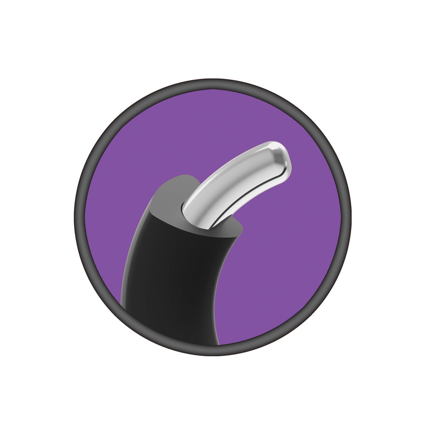 The Merci Hybrid Silicone Covered Metal Cock Ring by Doc Johnson features a black and silver metallic tip, emanating an intense allure from its cylindrical base in a purple circle.