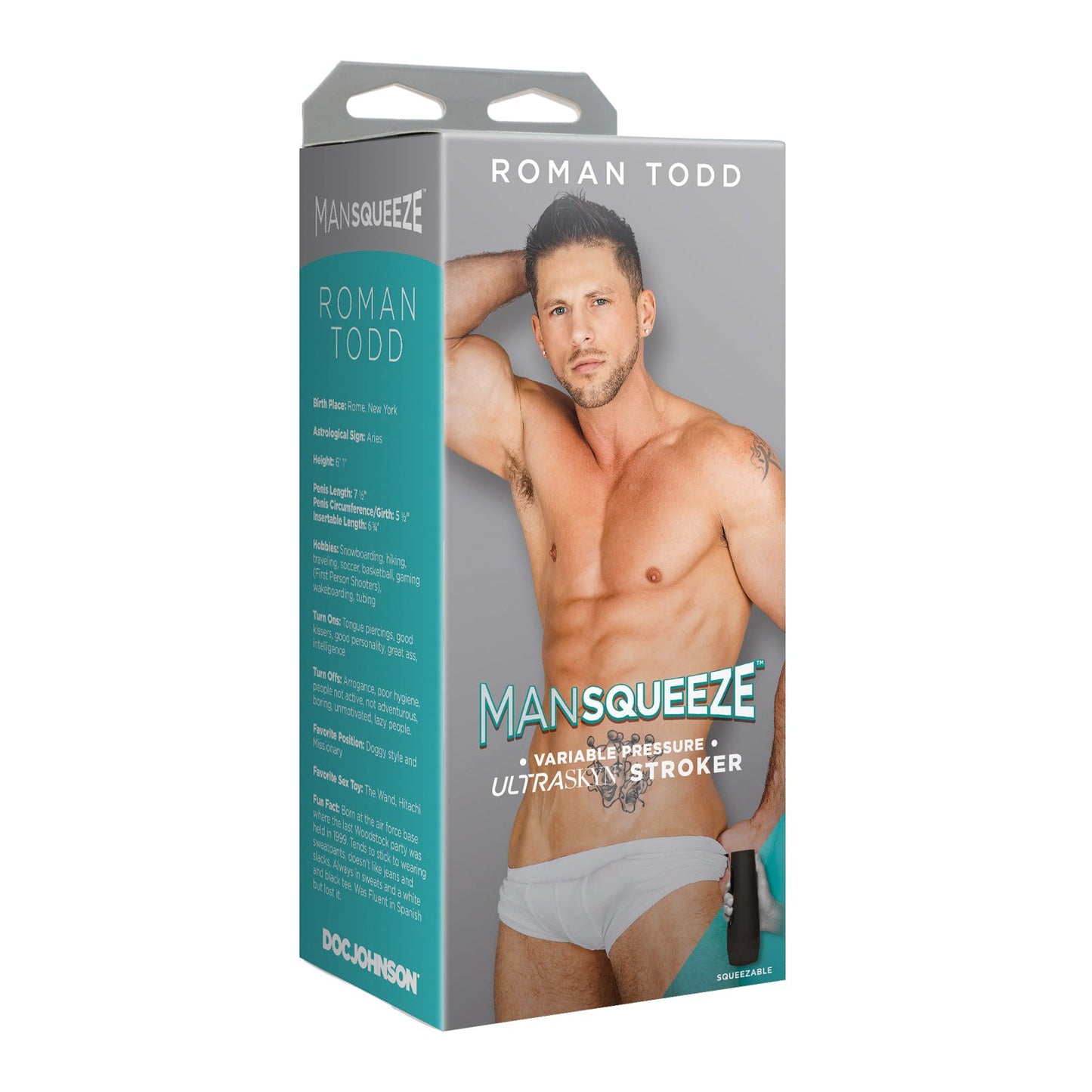 The product packaging displays a shirtless man in white briefs with an arm raised. The Man Squeeze ULTRASKYN Ass Stroker - Roman Todd name highlights customizable pressure features, while the Doc Johnson brand is subtly noted at the bottom.