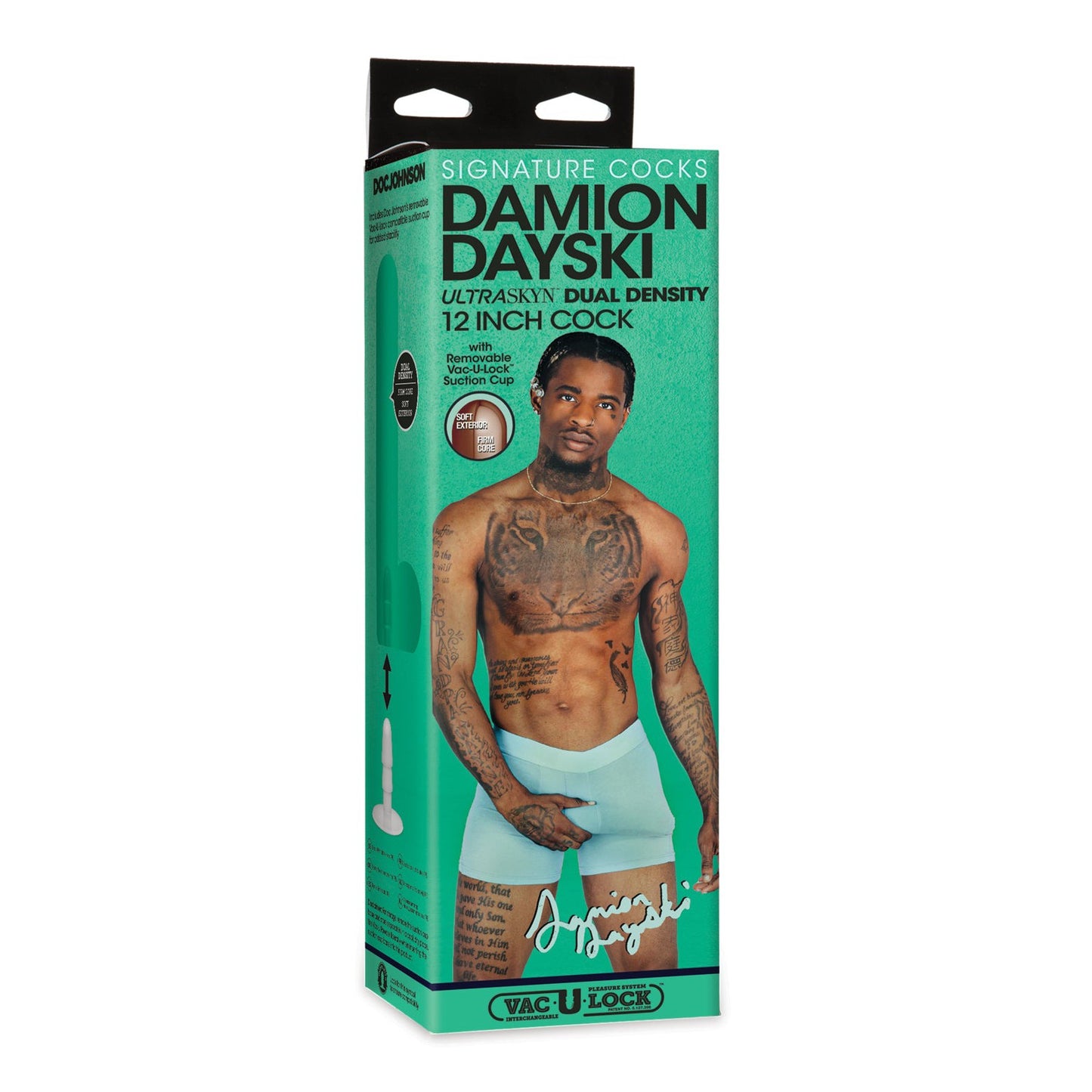 The turquoise box displays a muscular, tattooed man in light blue shorts, highlighting the Doc Johnson Signature Cocks ULTRASKYN 12 Cock - Damion Dayski for a lifelike look and feel.