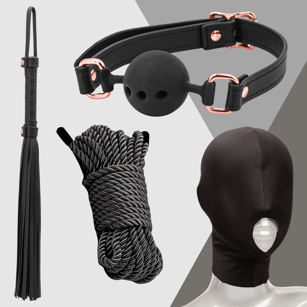Explore new sensations with the Kinky Curiosity starter pack from Adams Toy Box, featuring a black ball gag with rose gold accents, a black flogger, sleek rope, and a hood with an opening for the mouth—all set against a geometric backdrop.