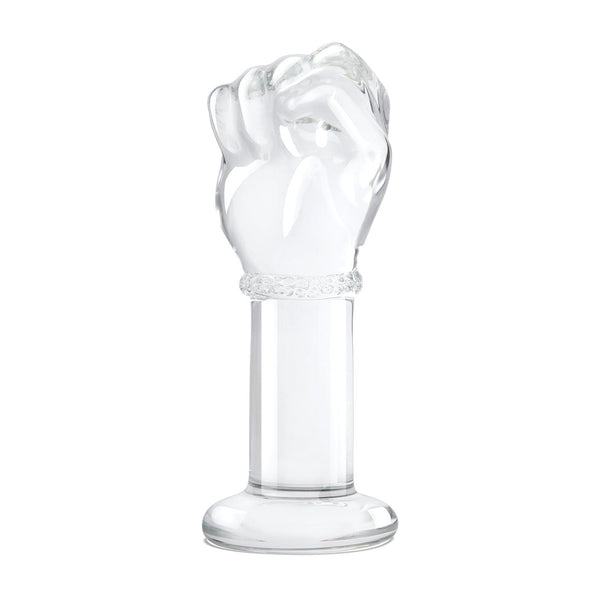 The Glรคs 5โ Fist Butt Plug is a detailed, transparent clear glass sculpture shaped like a raised fist on a cylindrical base. This unique art form suits those interested in temperature play and striking designs.