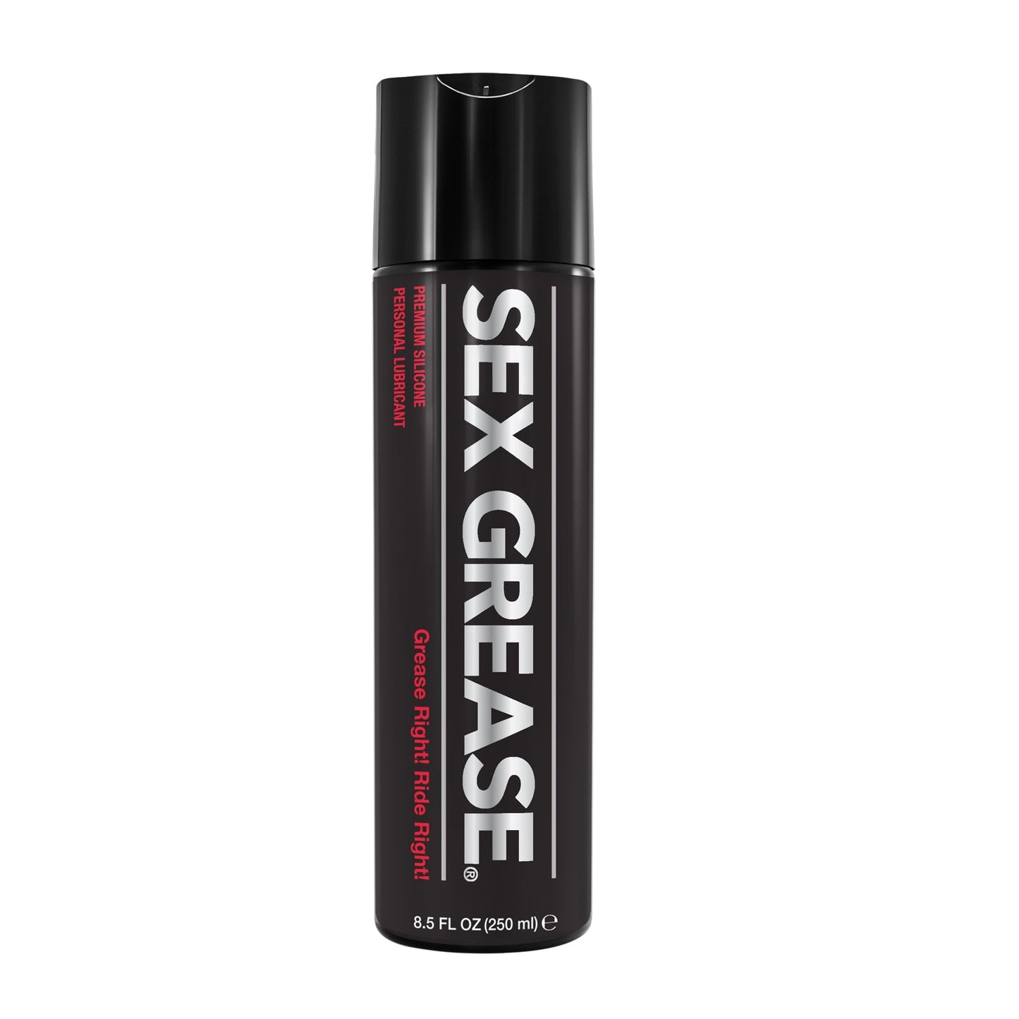 The sleek black cylindrical ID Lubricants bottle, branded Sex Grease Silicone in bold white letters, holds 8.5 fl oz (250 ml) of ultra-long-lasting personal lubricant. Its premium silicone formula in red and white text ensures condom compatibility and high performance.