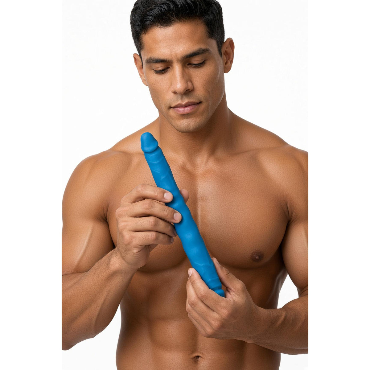 Shirtless man holding the Colours Double Pleasures 12 inch double ended dildo in blue, showing a realistic head at each end