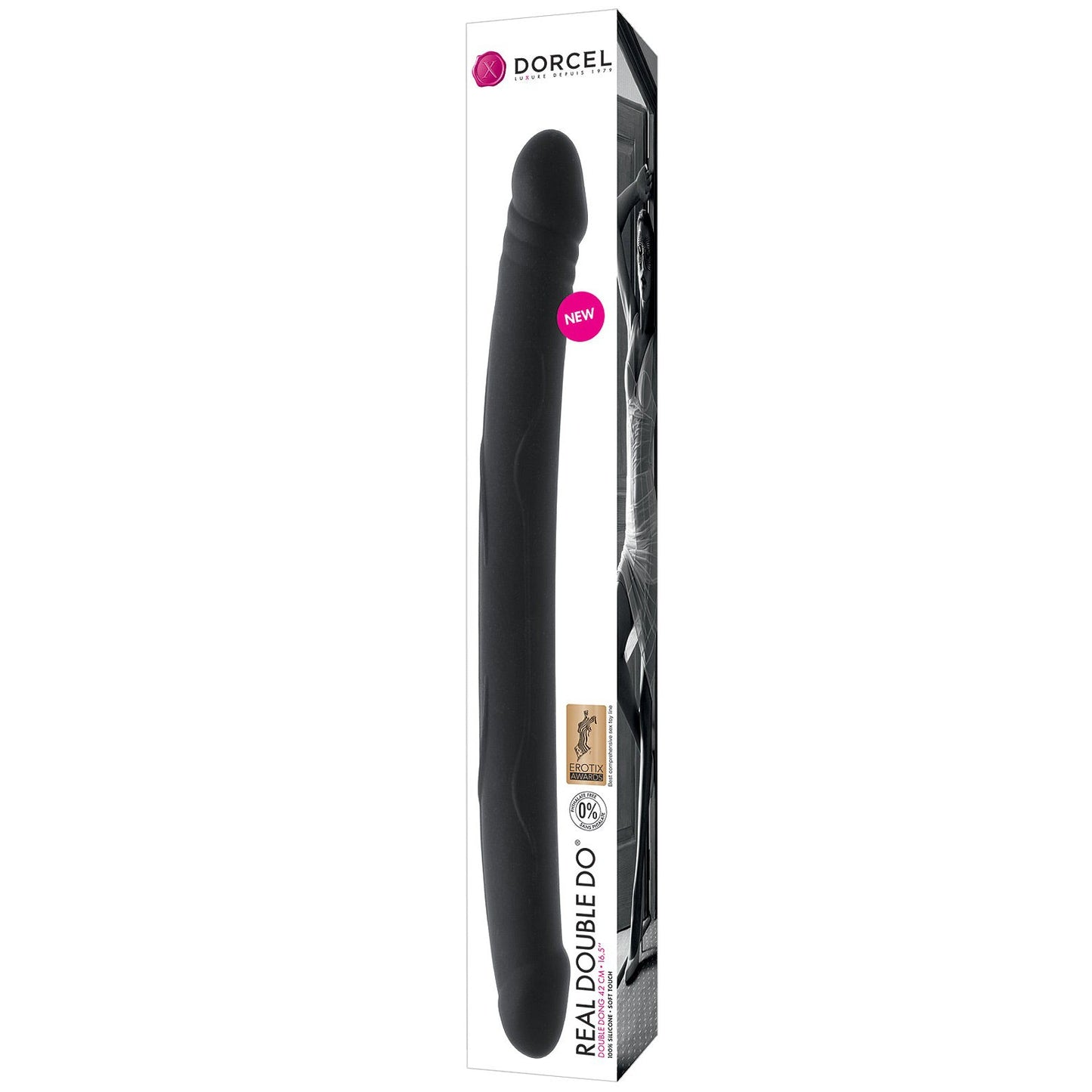 The Dorcel Real Double Do 16.5 Dong, made from premium silicone, is elegantly packaged in a transparent box featuring the Dorcel brand and product details.