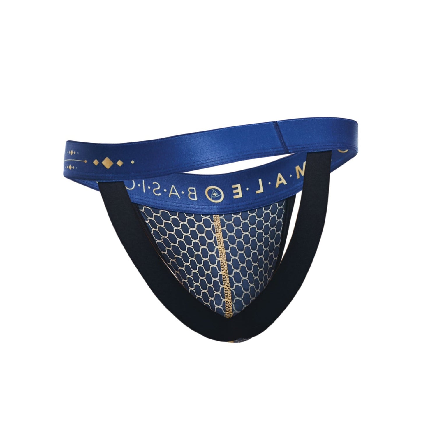 The Malebasics Hipster Jockstrap Andalusia combines comfort and style with a blue and black low-cut elastic waistline, hexagonal pattern on the pouch, and gold lettering on the waistband, crafted from a luxurious fabric blend.