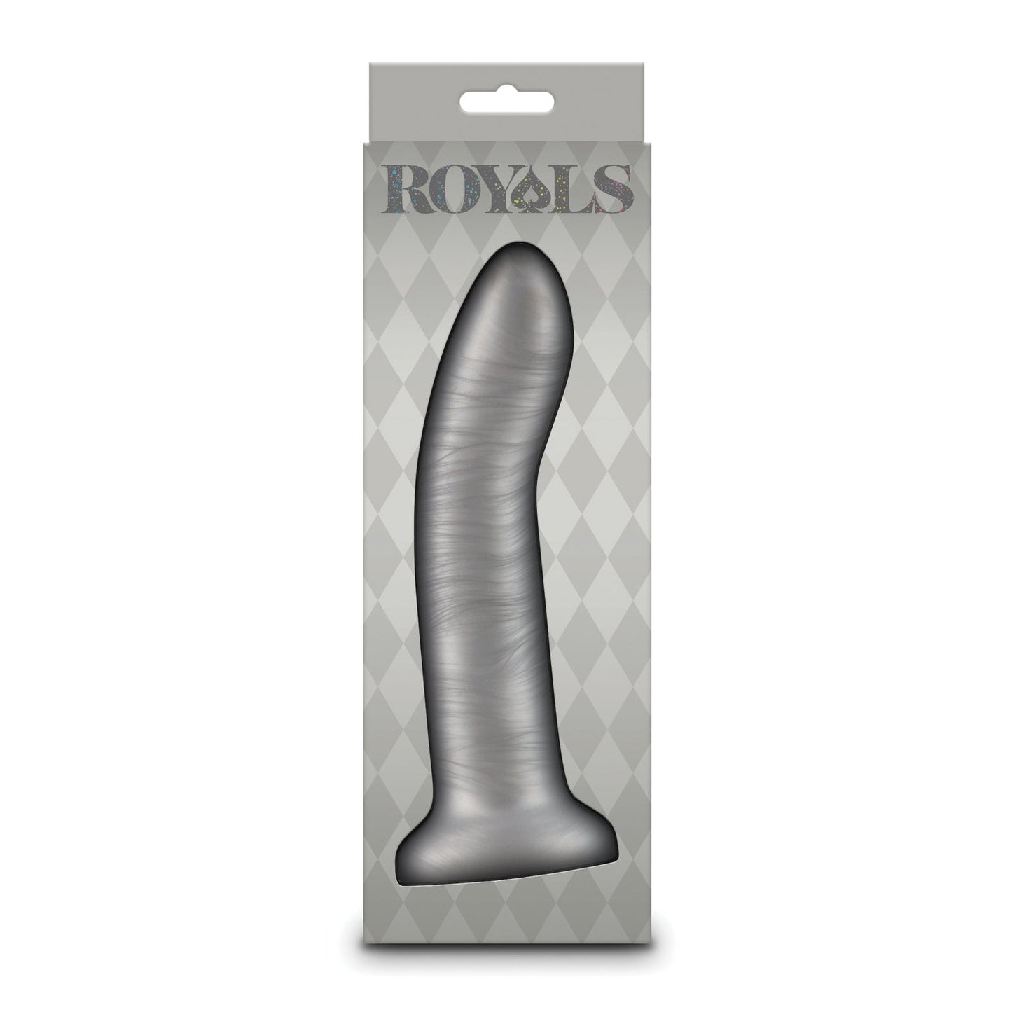 Box featuring the Royals 6 Charlie Curved Dildo by NS Novelties, crafted from shimmery plush silicone in silver-gray with a flared base. The prestigious Royals collection name is prominently displayed against a diamond pattern background.