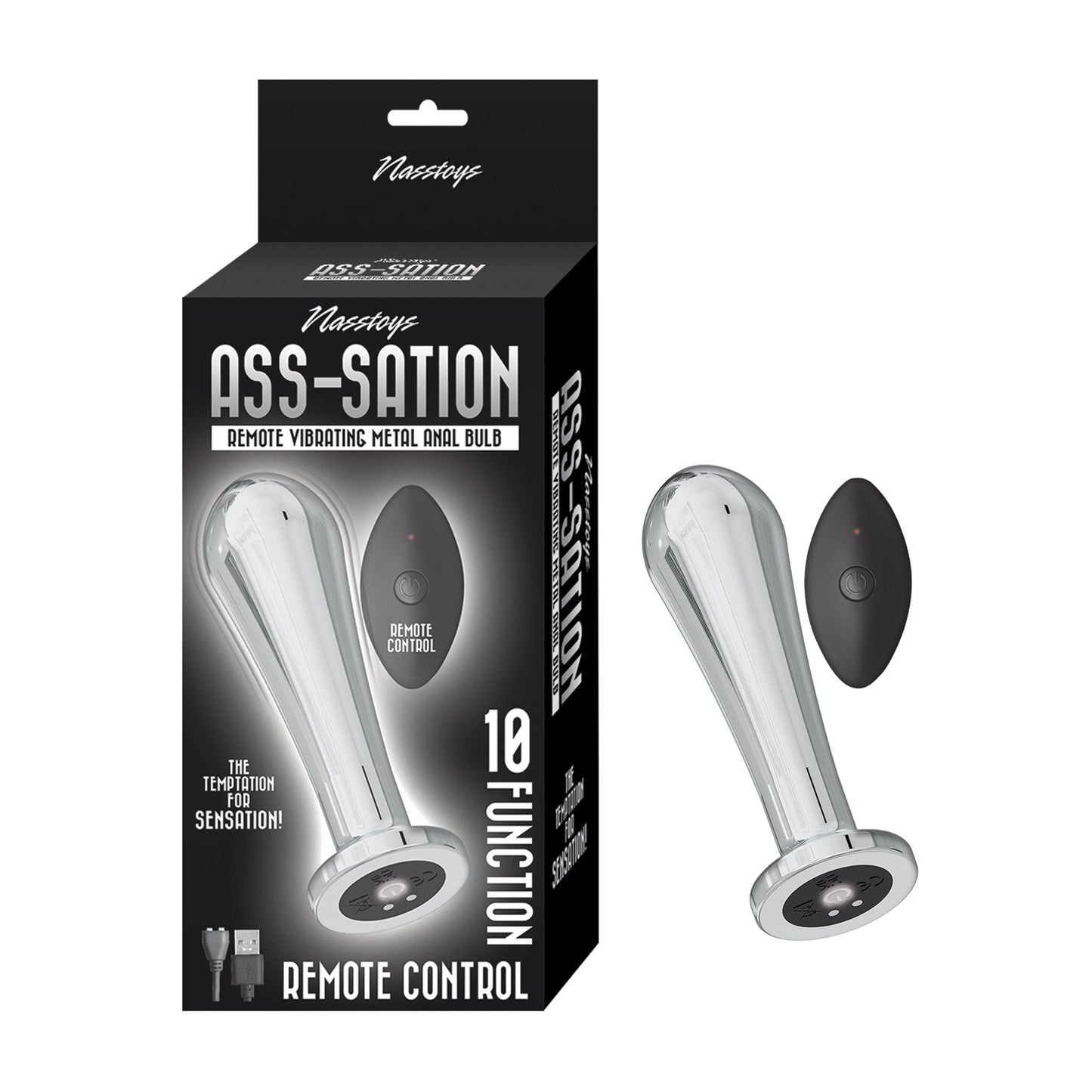 The image displays the elegant black box for the Ass-sation Remote Vibrating Metal Anal Bulb - Silver. It prominently features an illustration of the metal anal bulb with its remote control, emphasizing 10 vibration functions.