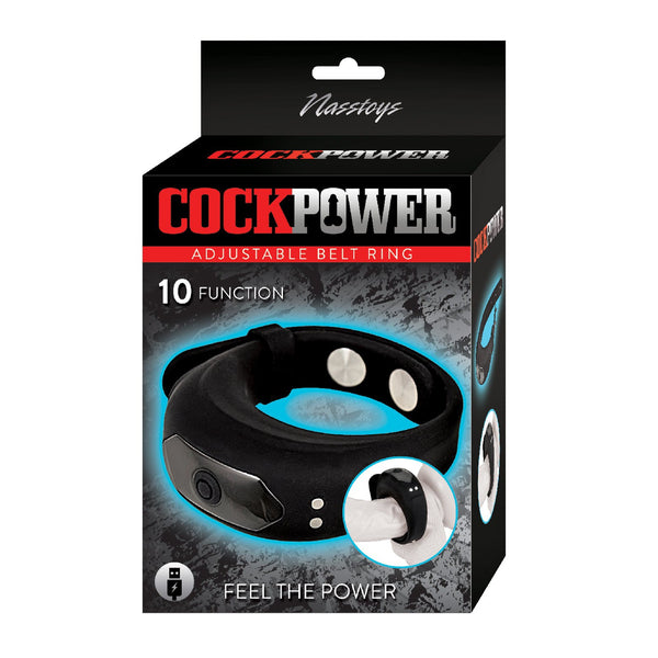 The packaging displays the Cockpower Adjustable Belt Ring by Nasstoys, featuring a black adjustable belt ring with strong vibrations and a 10-function setting. A close-up inset image against a textured background highlights the product, prominently displaying Cockpower.