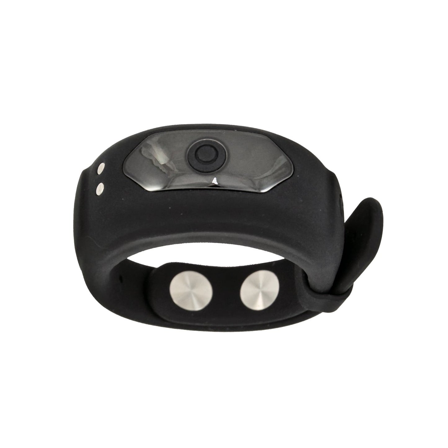 The Cockpower Adjustable Belt Ring by Nasstoys features a sleek and modern black wristband with a small camera or sensor in the center and two metallic buttons on the strap, offering a waterproof design for durability and reliability in any environment.