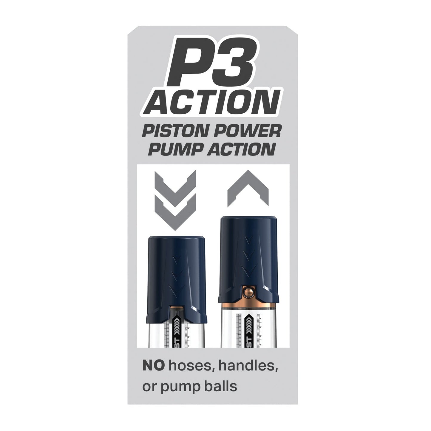 The packaging displays P3 Action in bold, shows two silicone pump-style devices, and includes Piston Power Pump Action with NO hoses, handles, or pump balls. Arrows indicate motion. Its the sleek Pump Worx Max Boost penis pump by Pipedream that also serves as an ED solution.