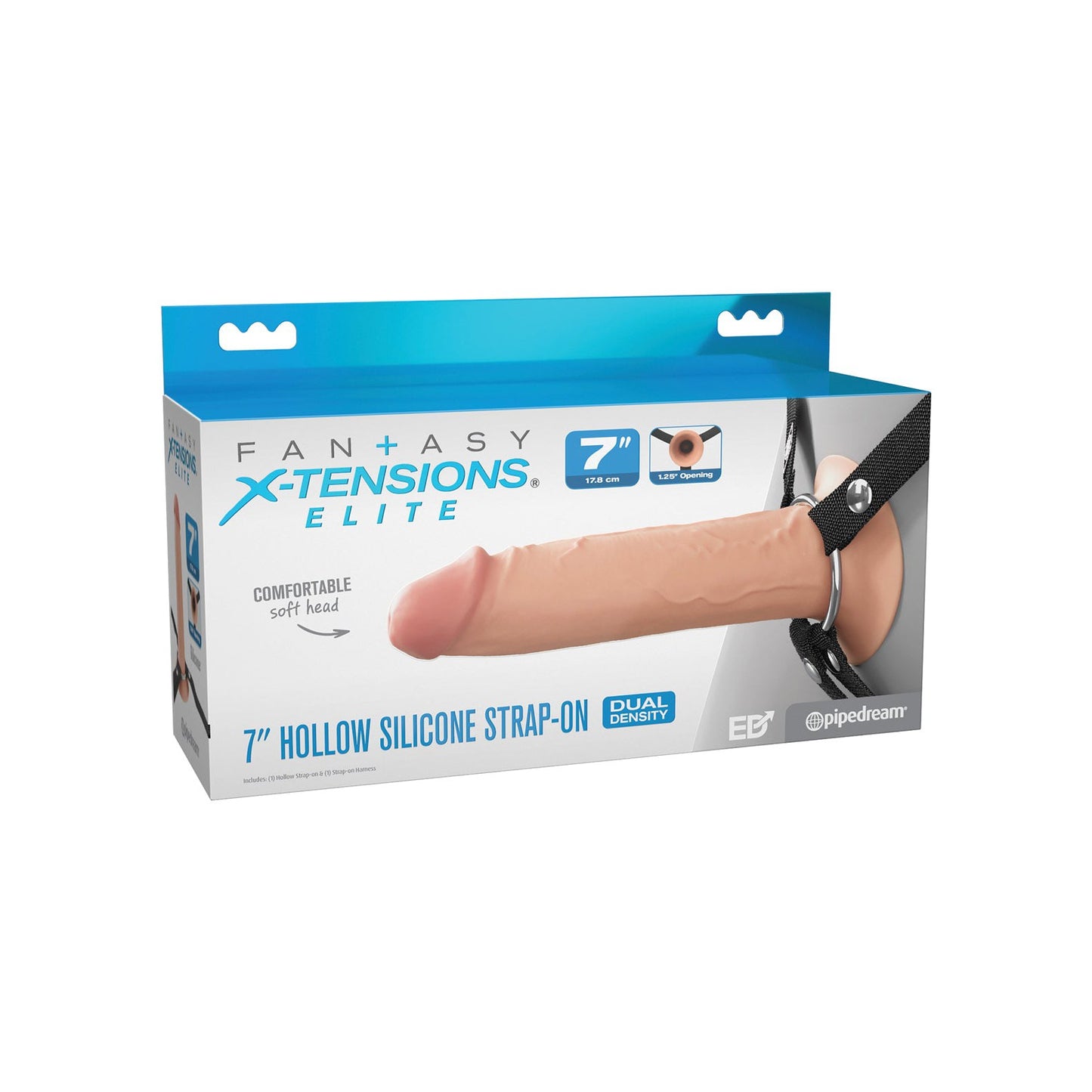The Fantasy X-tensions Elite Silicone Hollow Strap-on by Pipedream features dual-density silicone with a soft head and adjustable straps, packaging that displays an image of the product, branded design, and information to alleviate ED performance anxiety.