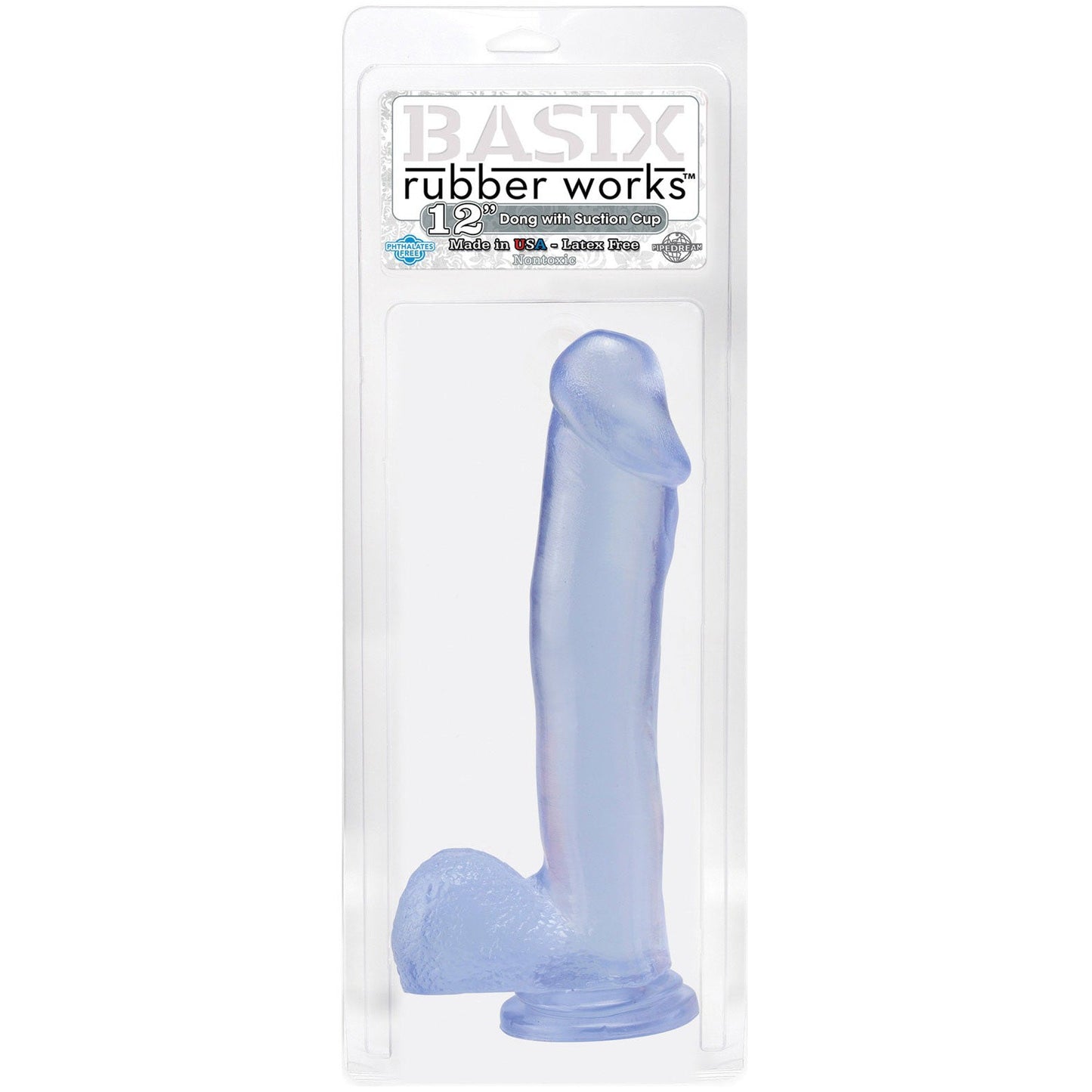 The Pipedream Basix Rubber Works 12 Dong, an eco-friendly blue silicone dildo with a suction cup base, is prominently labeled and showcased vertically in clear plastic packaging.