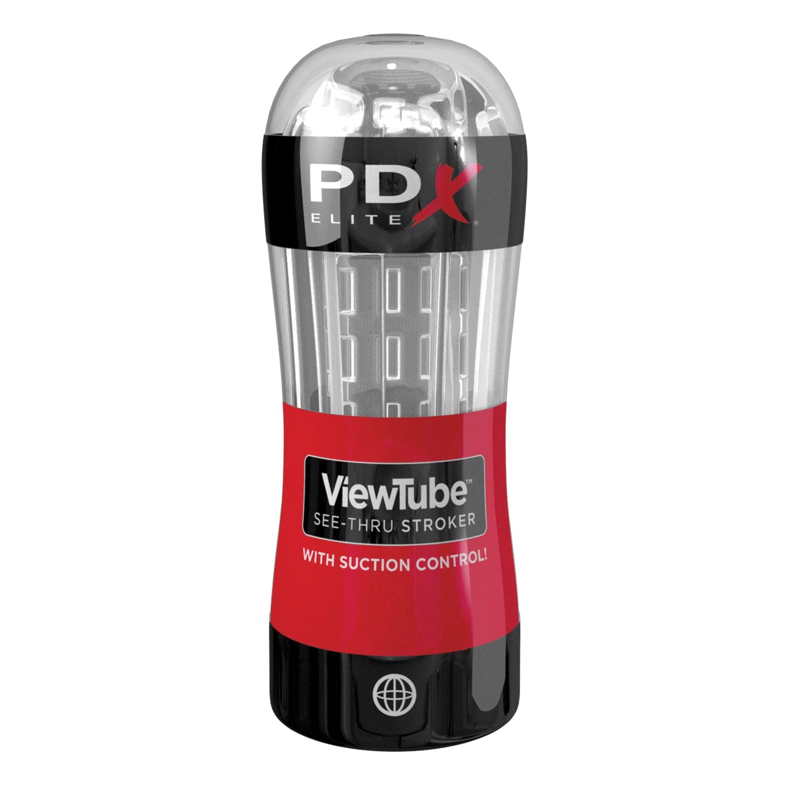 Discover the PDX Elite ViewTube See-Thru Stroker by PDX, a sleek and transparent sleeve with adjustable suction control. Its black and red design, cylindrical shape, and textured inner surface offer an unparalleled experience.