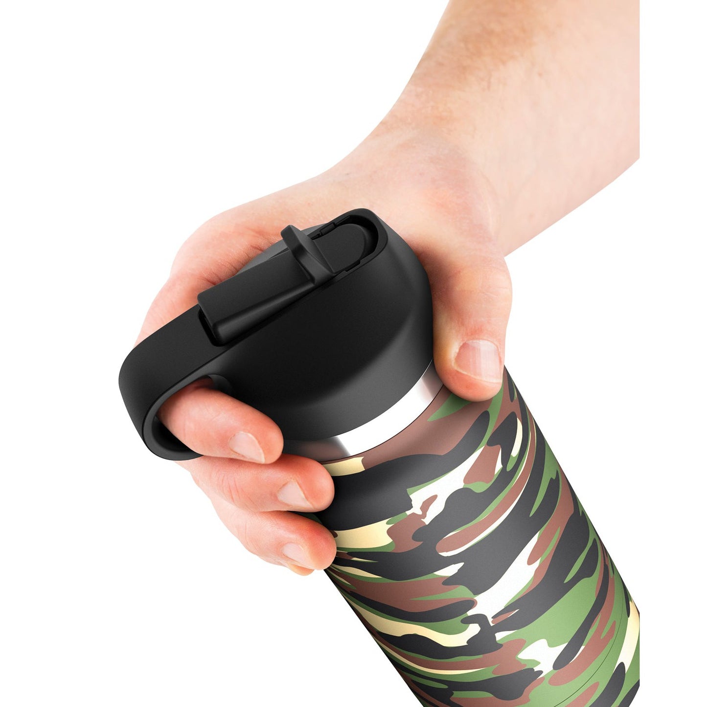 A hand holds the PDX Plus Fap Flask Happy Camper Stroker, a travel mug with camouflage pattern and black lid, perfect for adventure seekers.