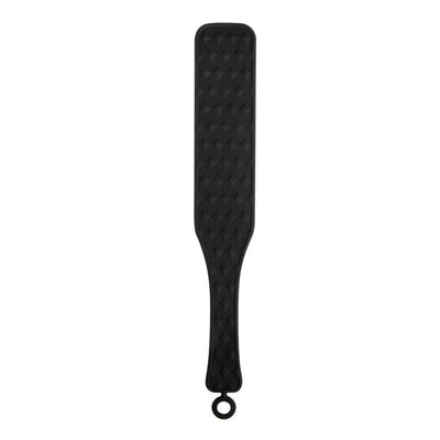 Plesur Nubby black silicone spanking paddle seen face-on, with a raised diamond pattern across the blade and handle and a small hanging loop at the end.