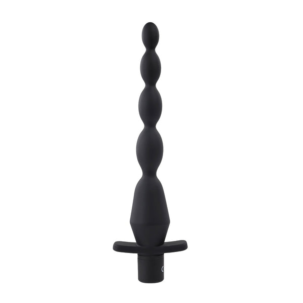 The Selopa Vibrating Butt Beads are black, multi-beaded silicone anal plugs with a tapered tip and flared base. Made from body-safe, waterproof silicone, they offer safety and pleasure for personal exploration.