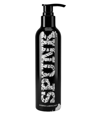 A tall black pump bottle labeled "SQUIRT" in bold white letters contains Spunk Lube's Spunk Hybrid Lube, a premium silicone hybrid lubricant.