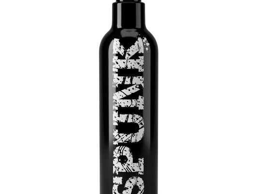 A tall black pump bottle labeled "SQUIRT" in bold white letters contains Spunk Lube's Spunk Hybrid Lube, a premium silicone hybrid lubricant.