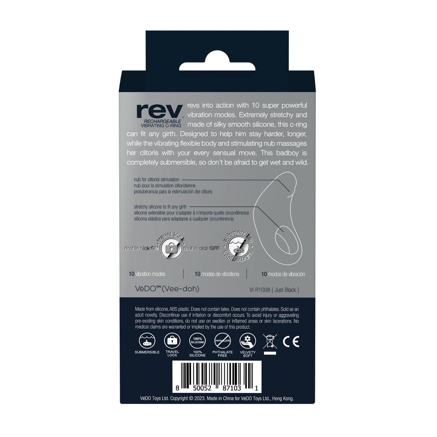 The back packaging of the VeDO Rev Rechargeable C Ring showcases its silky smooth silicone, 10 powerful vibe modes, waterproof design, and convenient wireless charging. Barcodes, a QR code, and manufacturing details are neatly displayed at the bottom.