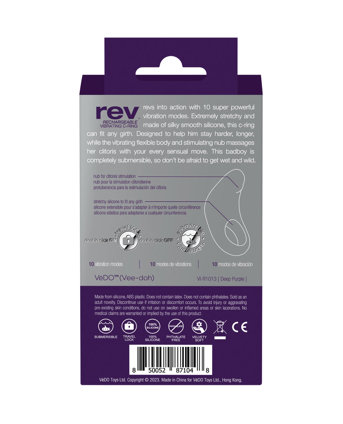 Back of the VeDO Rev box with features and care notes
