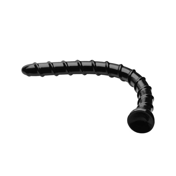 Hosed Swirl Hose 18 inch anal snake dildo in black, curved to show the spiral ridge, tapered tip and suction base