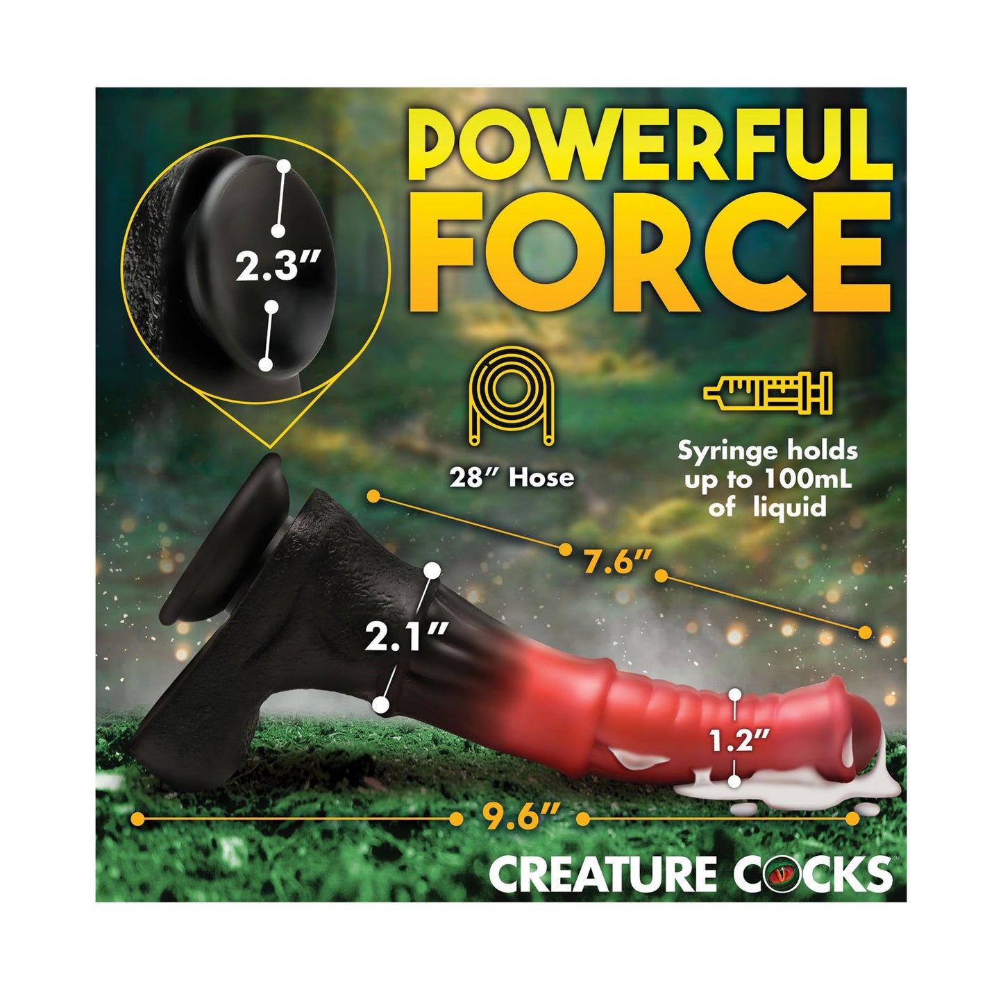 The Creature Cocks Centaur Explosion Squirting Silicone Dildo by Creature Cocks is a red and black creature-themed toy featuring a 28 hose, up to 100mL syringe capacity, and unique details like a ribbed shaft for an intriguing design.