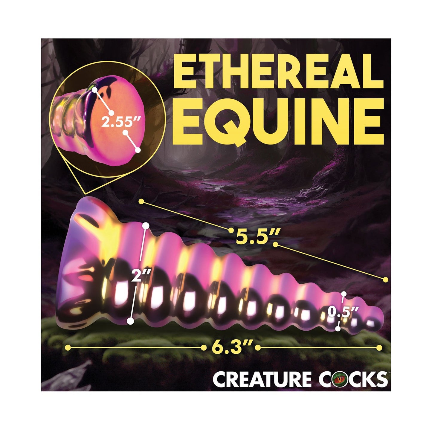 A promotional image for the Creature Cocks Twilight Rainbow Glass Dildo displays a vibrant toy in a forest scene. Crafted from borosilicate glass, it features 6.3 inches total length and 5.5 inches insertable length, making it perfect for temperature play.