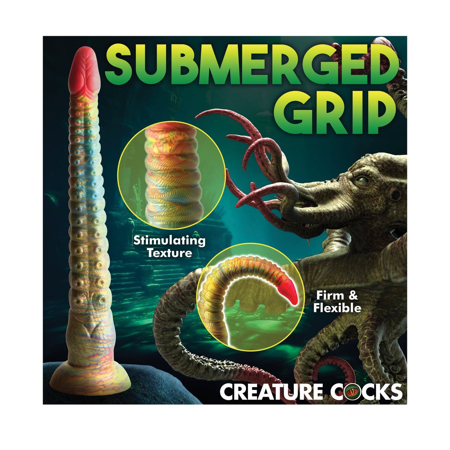 The fantasy-style promo for Creature Cocks Tentacle Dick Silicone Dildo features a texturized, flexible tentacle dildo set in a deep-sea world with sea creature imagery, ideal for kinky cosplay and fantasy roleplay fans.