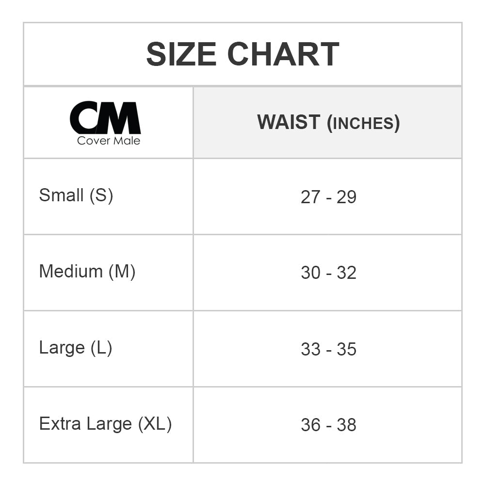 Size chart for the Cover Male Cross String Back Jockstrap: Waist in inches - Small 27-29, Medium 30-32, Large 33-35, Extra Large 36-38.