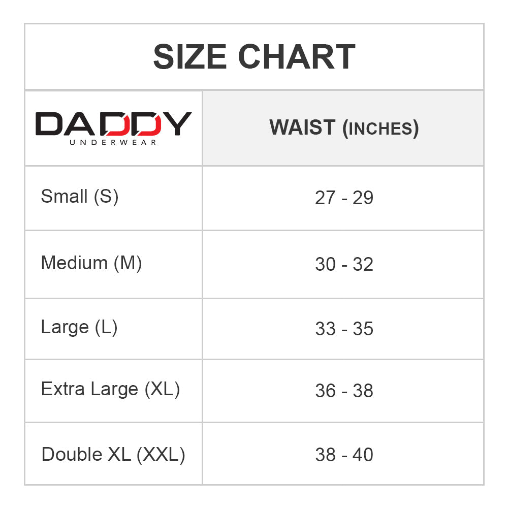 Explore our Daddy Underwear size chart with masculine details. Waist sizes: S (27-29), M (30-32), L (33-35), XL (36-38), and XXL (38-40). Perfect to pair with the Intymen Playmaker Jockstrap or our breathable mesh fabric styles.