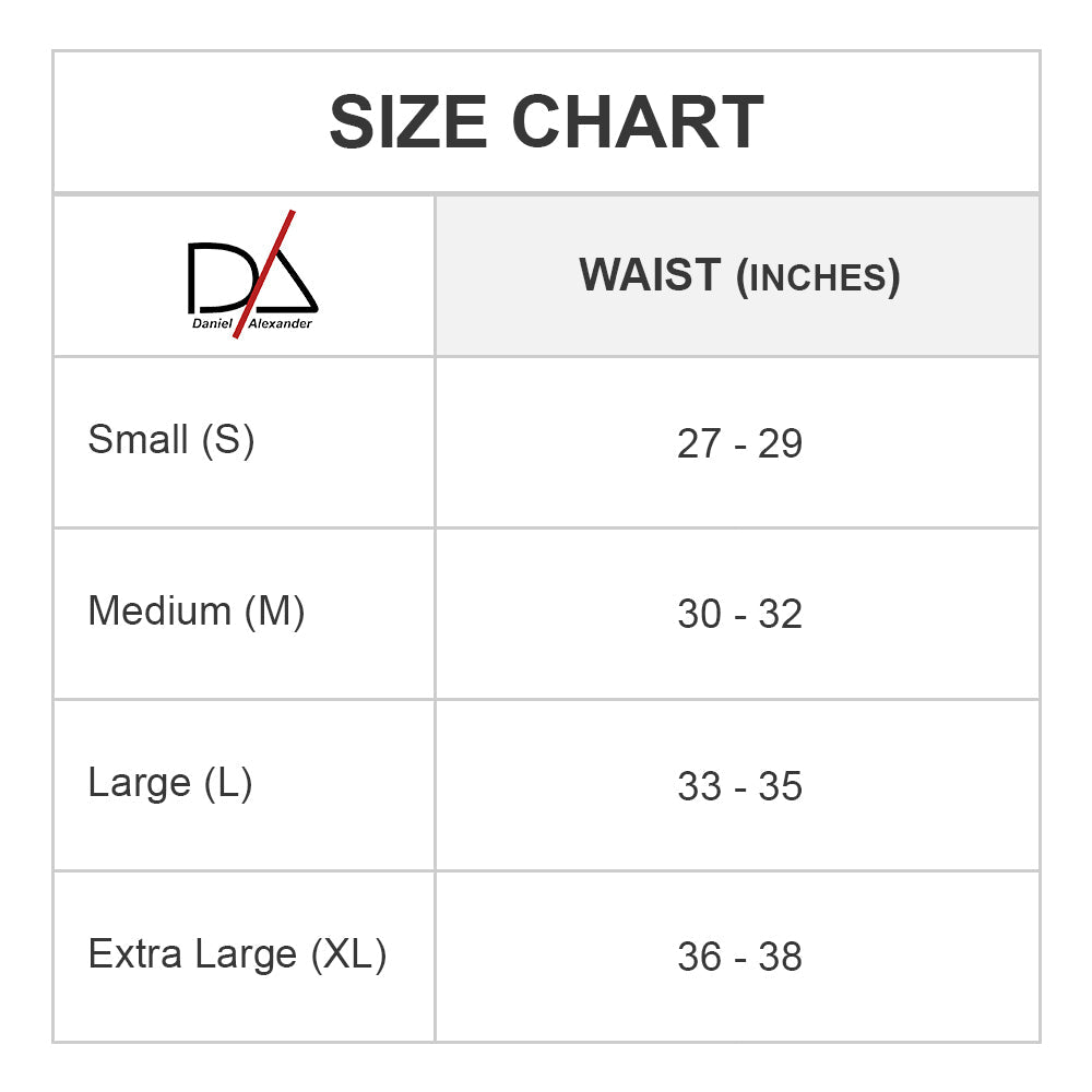 The Daniel Alexander Colorful Slip bikini size chart displays waist measurements in inches: S (27-29), M (30-32), L (33-35), XL (36-38). A vibrant design with our logo in the top left corner adds a flair.