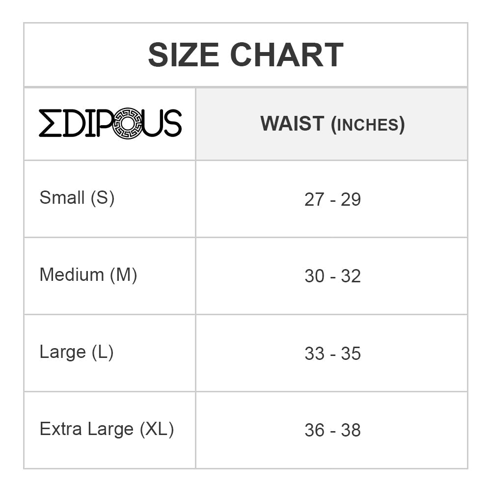 The Edipous Mens Thong with Asymmetrical Cut offers a stylish design and precise waist sizing: Small (S) 27-29 inches, Medium (M) 30-32 inches, Large (L) 33-35 inches, and Extra Large (XL) 36-38 inches.