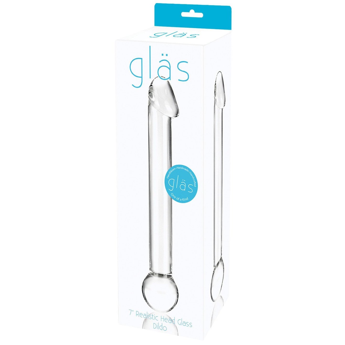 The Gläs 7" Realistic Head Glass Dildo comes in a white box displaying the clear, hand-blown product with lifelike detail. The packaging features the Gläs brand in blue and an image of the dildo, ideal for temperature play enthusiasts.