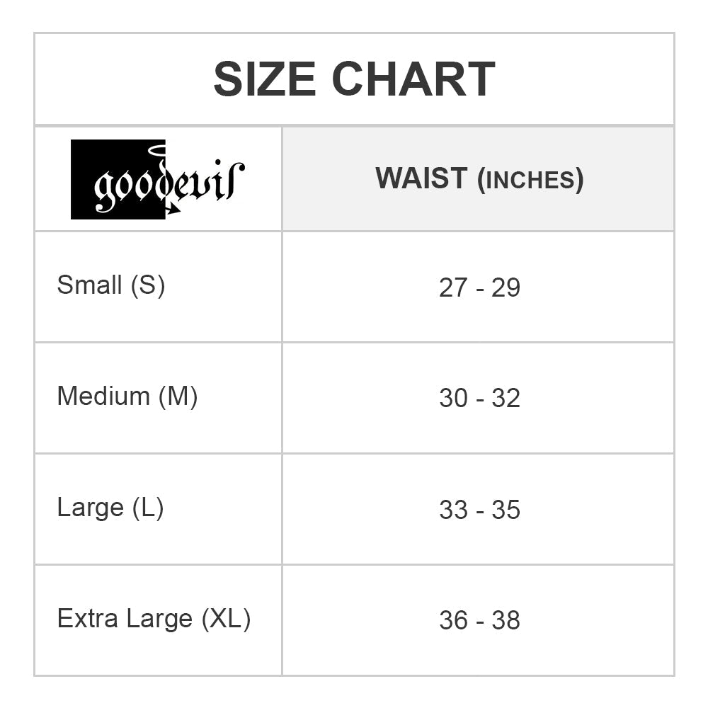A minimalist size chart, featuring the Good Devil logo, provides waist measurements in inches: Small (27-29), Medium (30-32), Large (33-35), Extra Large (36-38). Ideal for those who adore the soft comfort of Good Devil Love G-String apparel.