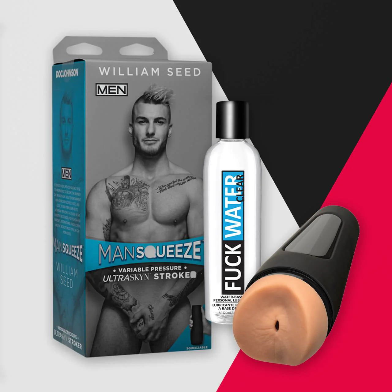 The product image showcases the Make Me Jizz Kit! William Seed by Adams Toy Box, featuring a male toy set with a Mansqueeze ULTRASKYN stroker and Fk Water lube. The packaging includes a black and white photo of a muscular person to enhance the realistic experience.
