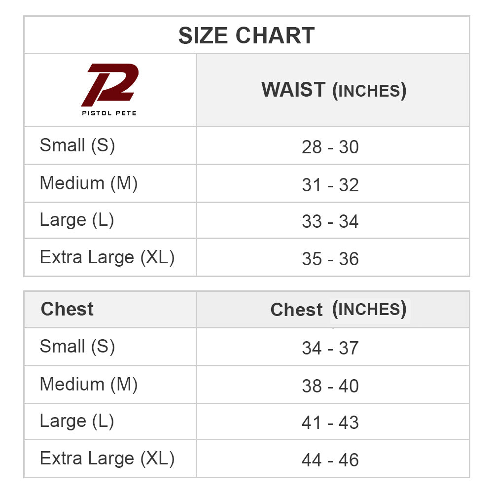 The Pistol Pete Jockstrap size chart, ideal for its contouring pouch or see-through fabric design, outlines waist sizes: Small 28-30, Medium 31-32, Large 33-34, XL 35-36; and chest sizes: Small 34-37, Medium 38-40, Large 41-43, XL 44-46. Perfect for any Pistol Pete wear.