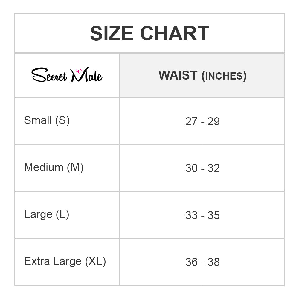 Explore the size chart for the Secret Male Almost Naked Sissy Body Suit with waist measurements in inches: Small 27-29, Medium 30-32, Large 33-35, XL 36-38. Experience style and comfort crafted from see-through fabric by Secret Male.