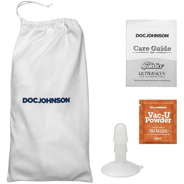 The Doc Johnson white drawstring bag contains Signature Cocks ULTRASKYN 13 Cock - Brickzilla with a care guide and Vac-U Powder packet. Experience ULTRASKYN innovation with a dual density design and suction base in a white plastic component for versatile use.