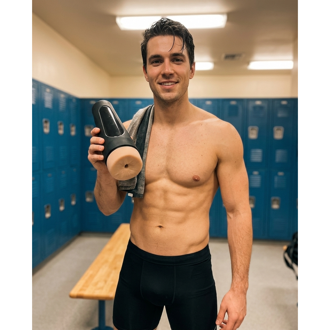 Shirtless man in a locker room holding the Man Squeeze Stud Ass realistic ass stroker, a black hard case with a flesh-tone puckered opening.