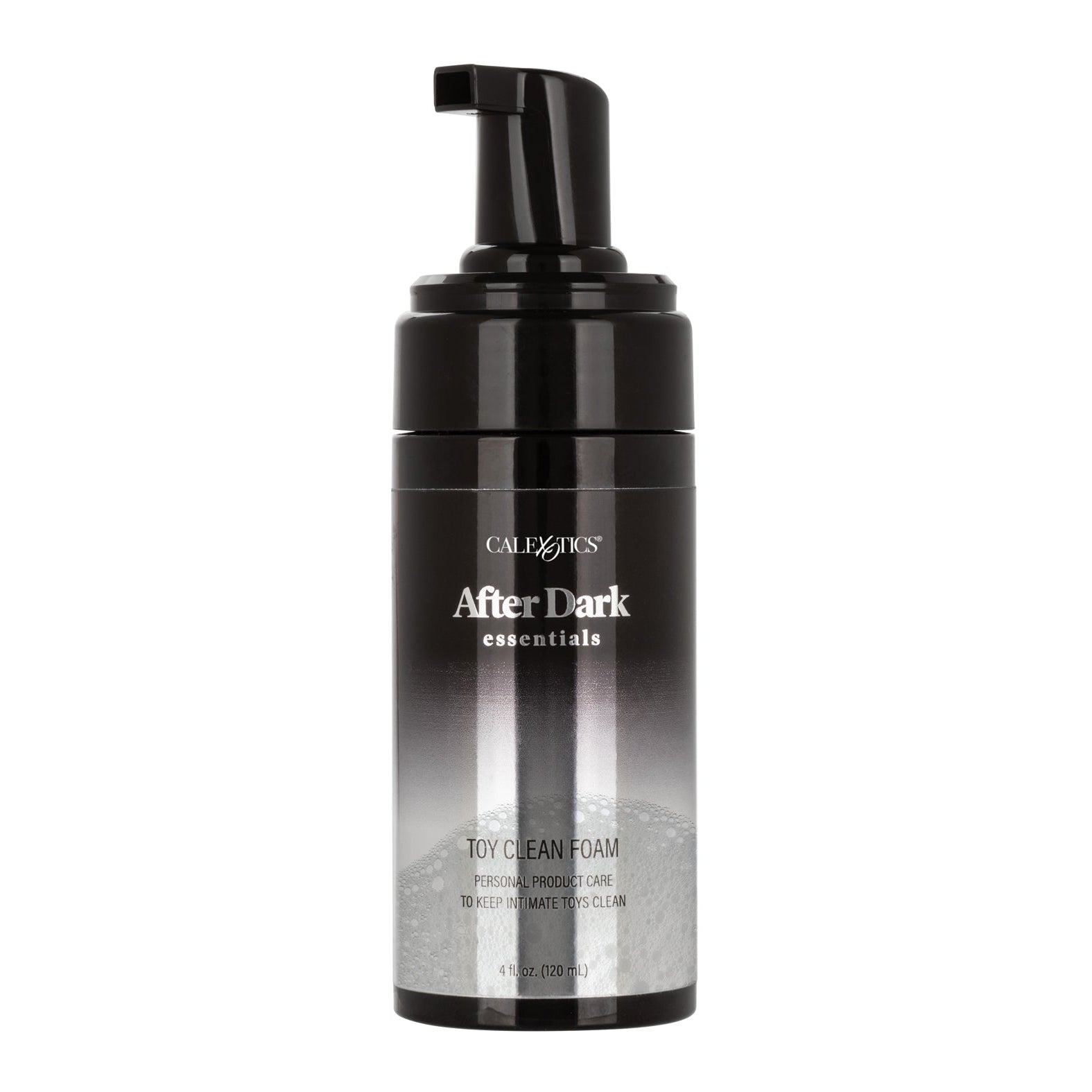 A sleek black bottle of After Dark Essentials Foam Toy Clean by California Exotic Novelties, ideal for personal care. This 4 oz foaming cleanser has a pump dispenser, ensuring your intimate items stay pristine and ready for use.