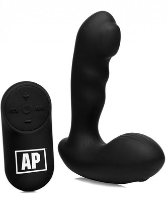 The stylish black Alpha Pro 7x P-Milker Prostate Stimulator features a curved design for ideal P-spot stimulation and includes a remote with AP initials, elegantly set against a white background.